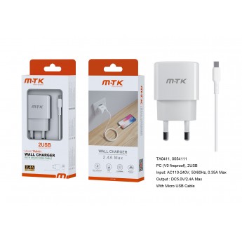 Cargador de Red Ayme, 2 puerto USB-A, Con Cable Micro USB, 2.4A(Max)