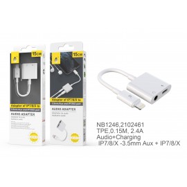 Cable Adaptador 2 En 1 IP a Carga Iphone + Audio 3,5mm , 0,15M