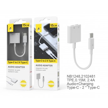 Cable Adaptador 2 En 1 TYPE C a Carga TYPE C +Audio TYPE C ,0,15M