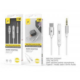 Cable Adaptador Audio Type C a 3,5mm Audio, M-M, con Microfono, Control de volumen y Boton multifuncion, 1M