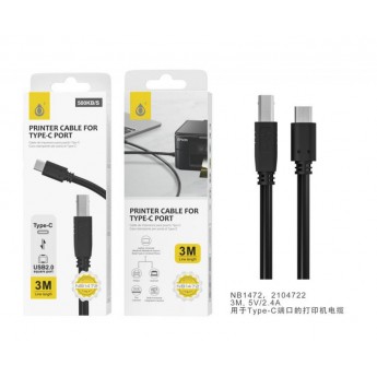 Cable de Impresora Tipo-C a USB 2.0, velocidad transferencia 500KB/S, 5V/2.4A, Cable 1.5M